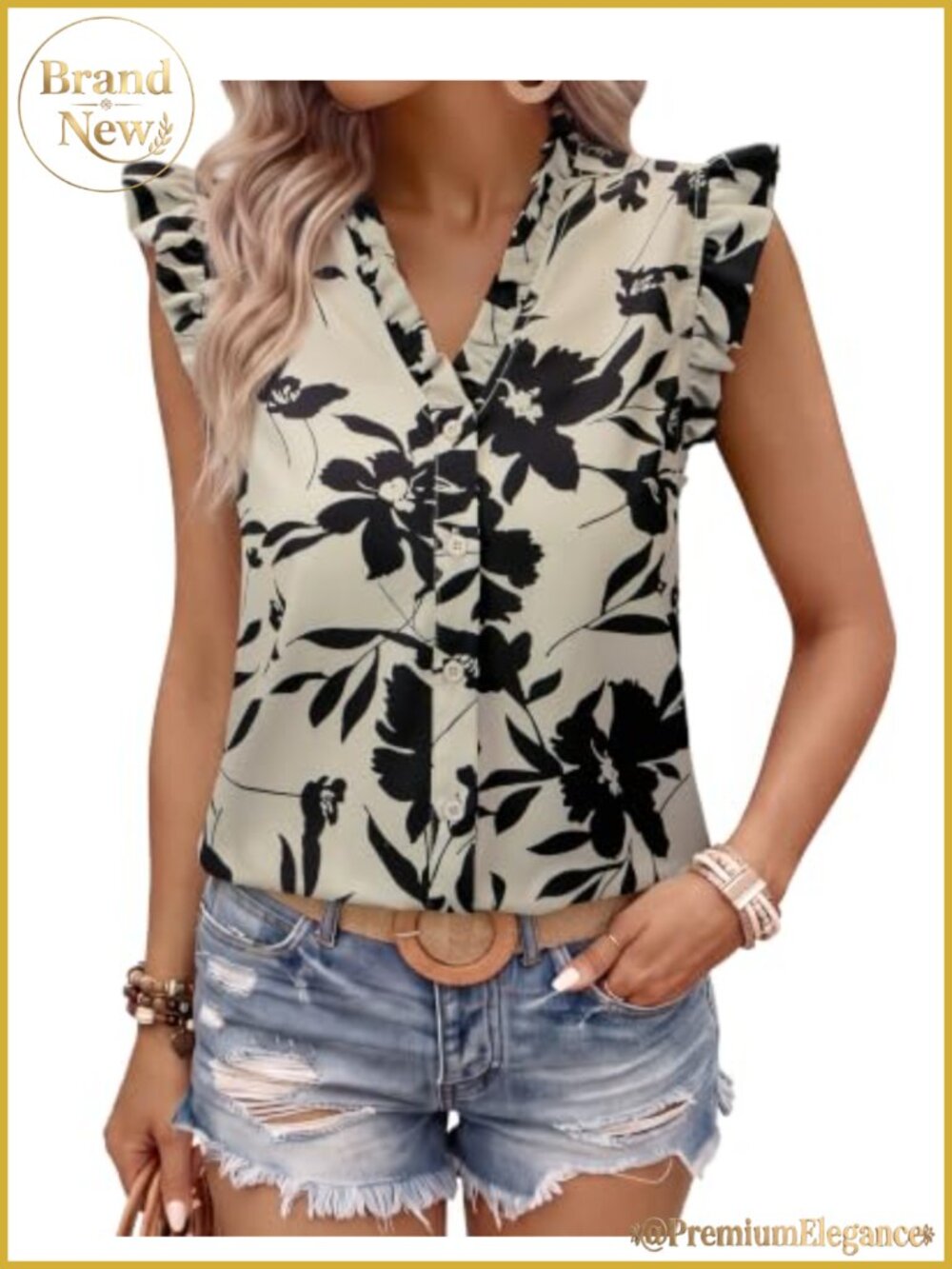 Womens Floral Button Down Blouse V Neck Cap Sleeve Ruffle Summer Top